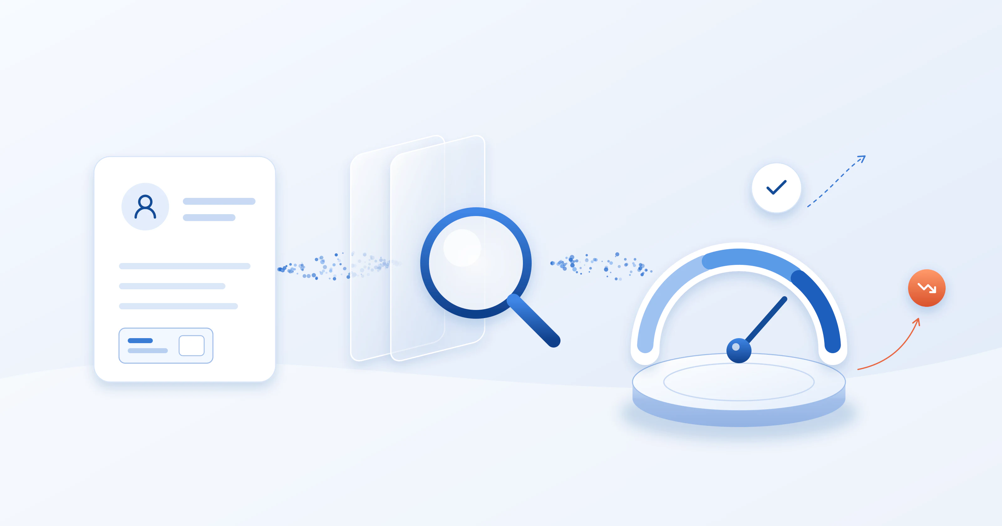 Does a soft pull affect credit? Illustration of a credit report read through a magnifying glass, with the credit score gauge unchanged and checked, and a small orange marker for the dip a hard pull can cause
