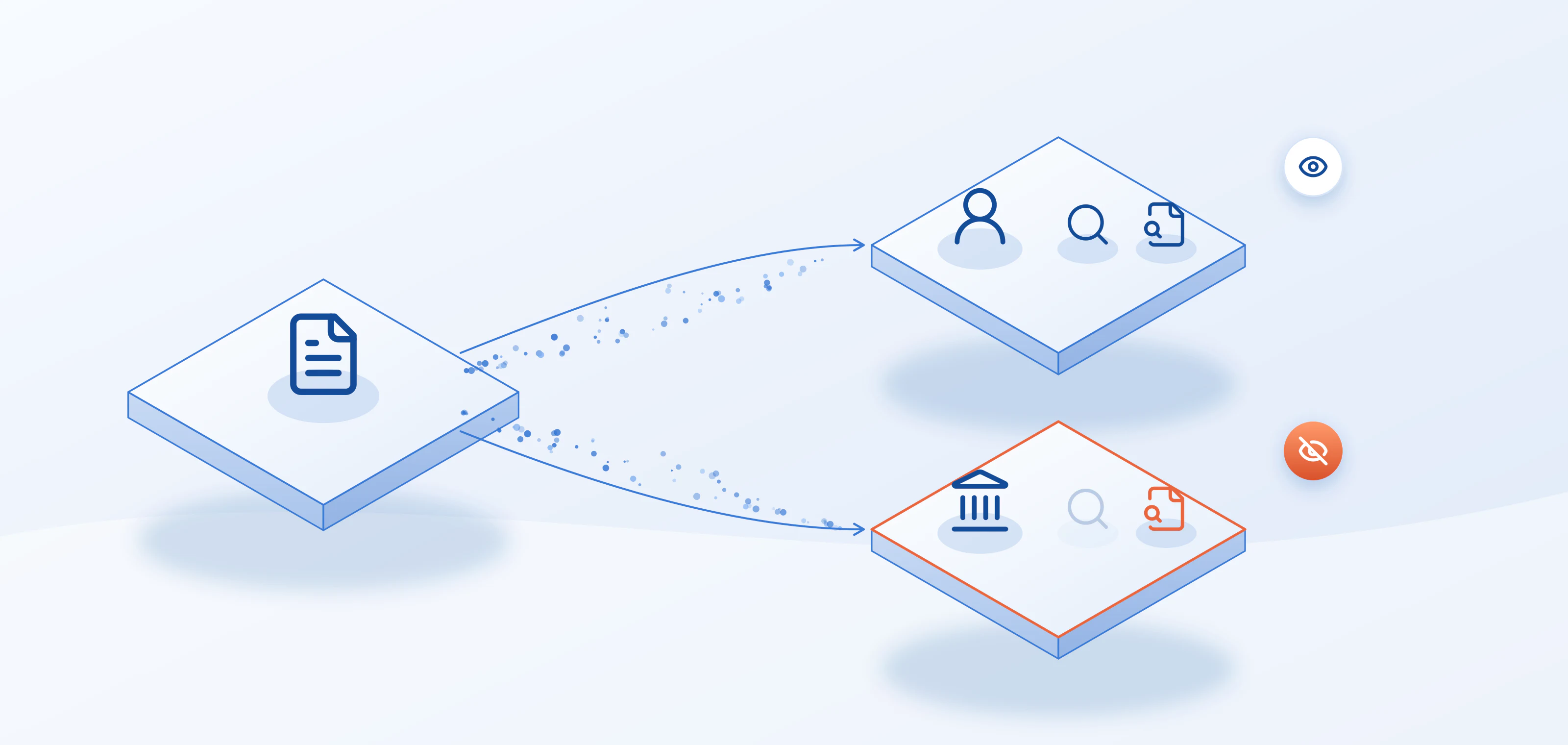 Illustration: a credit file tile sends inquiries along two paths, to the consumer, who sees both soft and hard inquiries, and to a lender, who receives only the hard inquiries with the soft ones faded out
