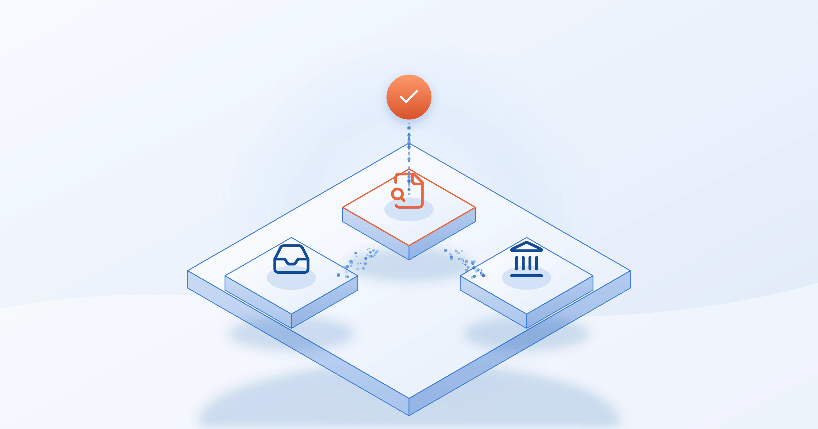 A loan origination platform with a credit layer sitting inside it, shown as isometric tiles