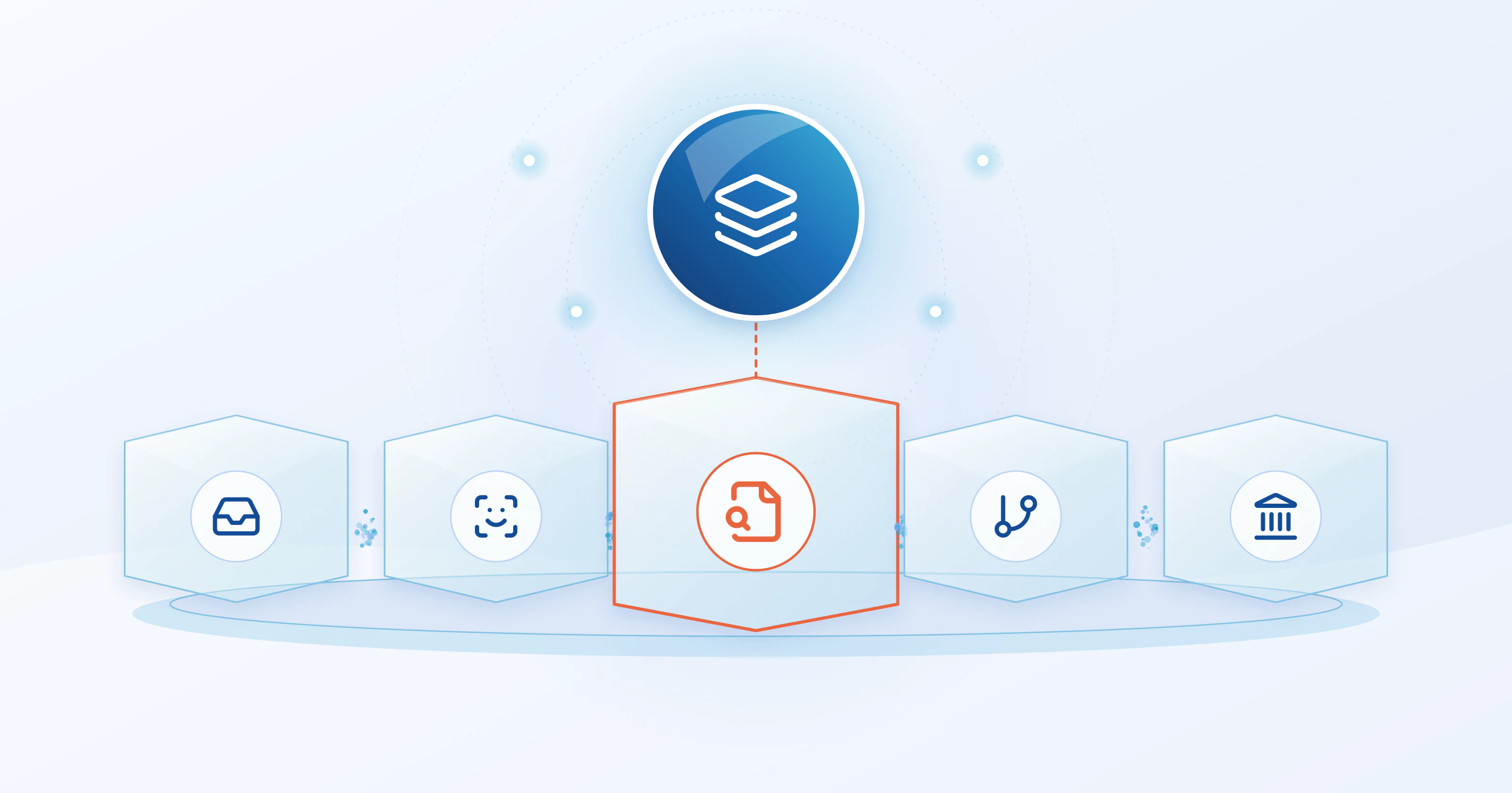 Five glass panels along a workflow rail, with the credit pull panel highlighted and a layered credit layer above it