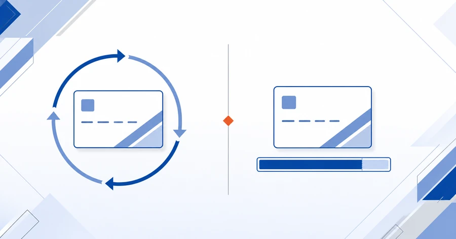 Side-by-side comparison of a revolving credit account and an open account showing how each carries or settles its balance each cycle