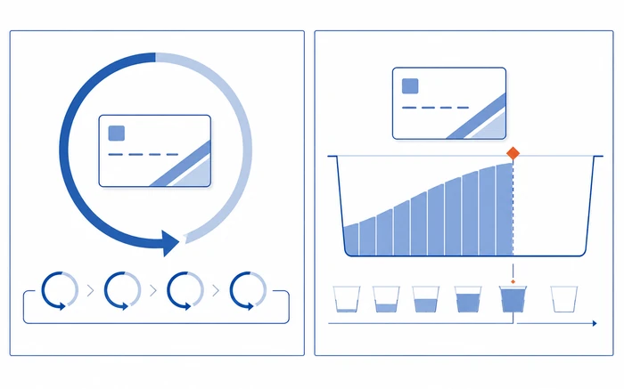 Diagram contrasting a revolving account's replenishing credit limit with an open account that fills and resets to zero at each billing due date