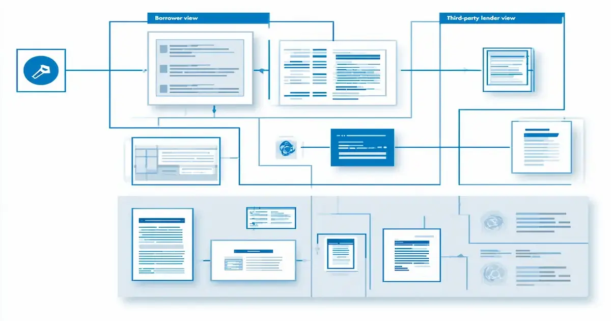 Flowchart showing soft and hard credit inquiries routed to borrower view versus third-party lender view
